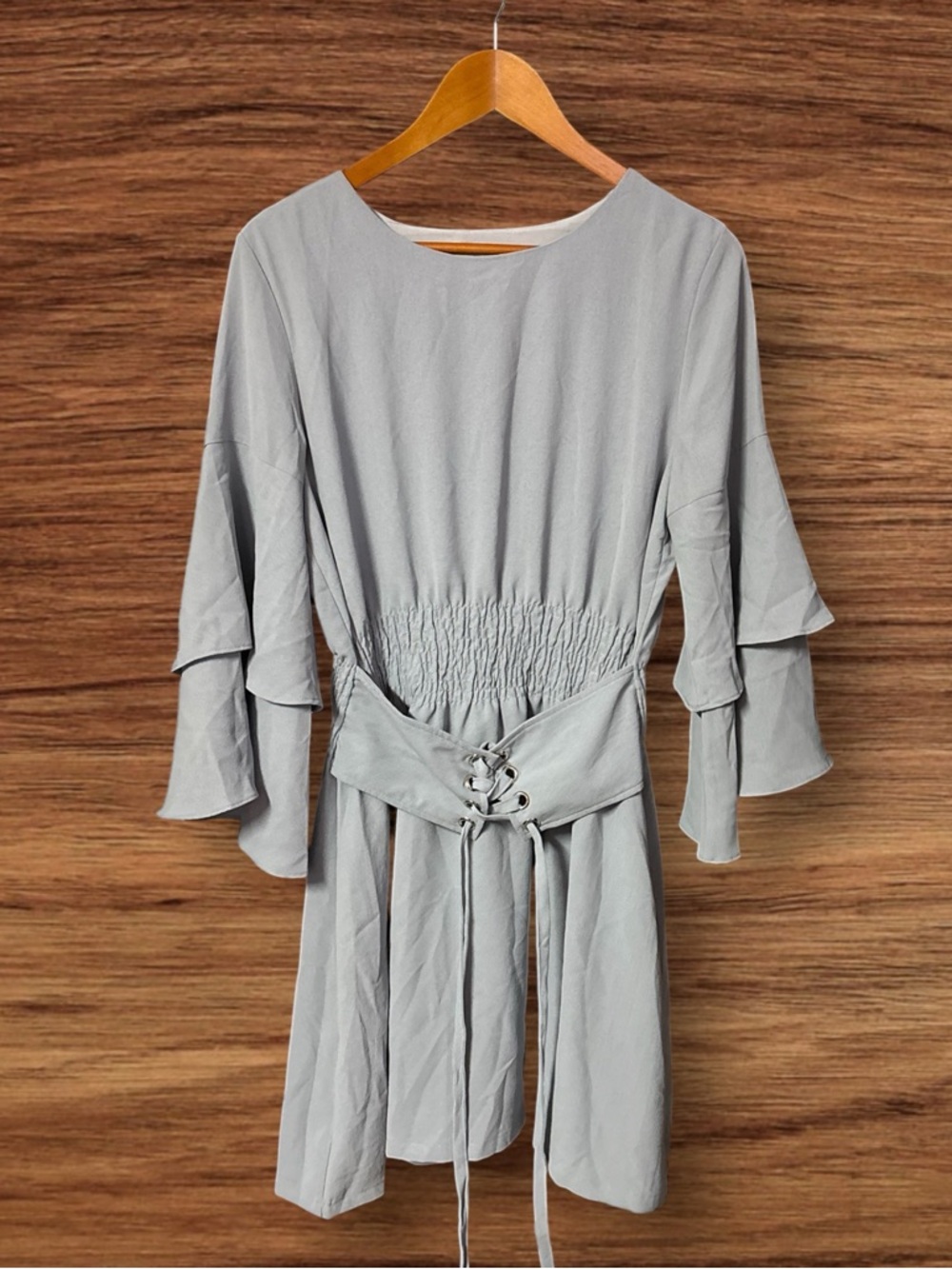 J.O.A. Light Blueish Gray Lace-Up Belted Smocked Waist Ruffle Sleeve Dress